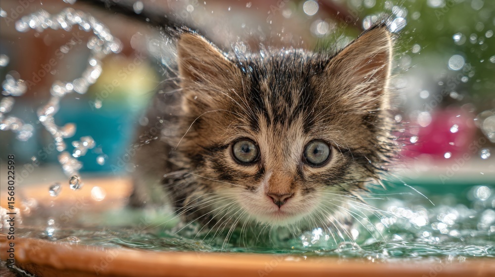 Poster a cute shot of a kitten splashing in a shallow basin of water, with droplets flying and a playful ex
