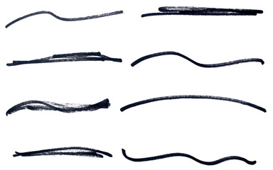 Set of black hand drawn marker pen stroke line transparent background design element doodle scribble underline