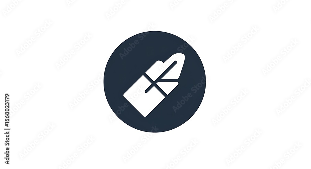 Poster A white abstract shape with a cross inside a dark blue circle on a plain white background image view