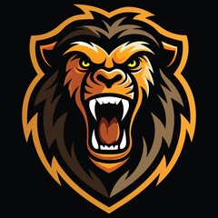 Fierce roaring lion head mascot logo with sharp teeth and glowing yellow eyes aggressive animal face powerful predator symbol isolated on transparent background