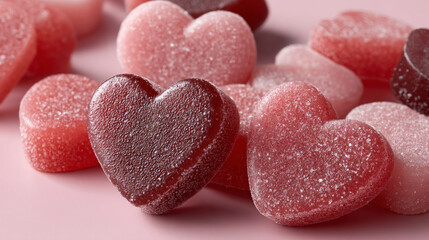 Obraz premium Heart shaped gummy candy with sugar coating in romantic pink and red tones, evoking sweet and joyful feelings