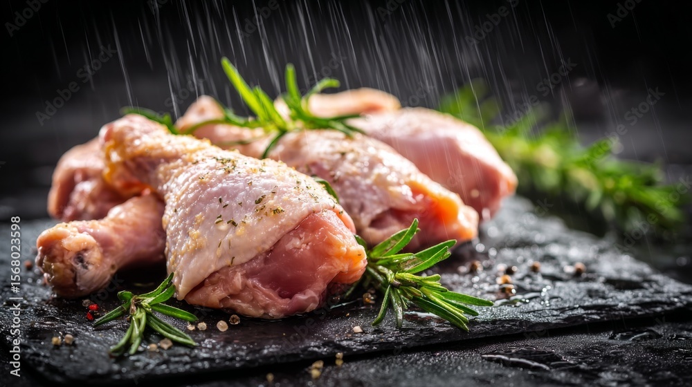 Aufkleber a dramatic shot of raw chicken thighs and drumsticks placed on a dark slate surface, with droplets o