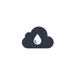A dark cloud with a white raindrop inside on a white background in a simple graphic illustration