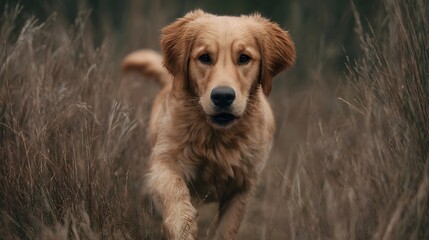 Golden retriever running through a grassy field