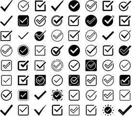Mega Set of Check Mark Icons – Variety Pack Vector:
A large assortment of varied check mark icons in round and square styles, ideal for designers seeking a comprehensive set for digital projects.