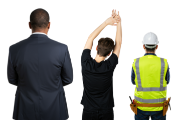 Rear view of three men representing different professions. African American businessman, a young man stretching, and a construction worker on a transparent background.