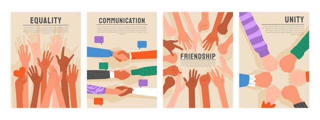 Hand together. People help, team of hope, teamwork support. Group celebration, boy and girl gesture. Volunteer emotion. Raised arms solidarity, work partnership. Vector creative garish unity poster