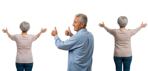 Senior man giving thumbs up and woman with arms outstretched. Collage of happy elderly people showing approval and success. Isolated on transparent background.