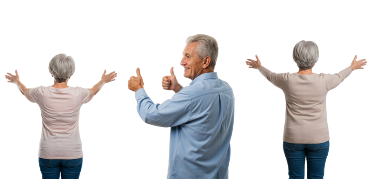 Senior man giving thumbs up and woman with arms outstretched. Collage of happy elderly people showing approval and success. Isolated on transparent background. - Powered by Adobe