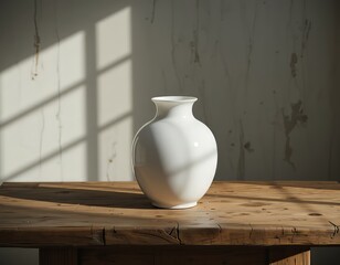 Un jarrón de cerámica blanca reposa sobre una mesa de madera rústica; su vacío se acentúa con las sutiles sombras