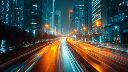 Obraz premium A dynamic shot of a modern city road with striking architecture, neon lights, and bustling traffic, showcasing the vibrant energy of urban life at night.