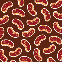 Seamless pattern of cartoon-style raw meat slices with marbled texture on white background. Flat design, isolated food elements
