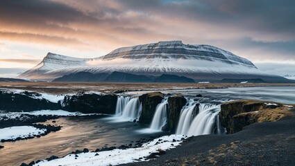 Stunning natural scene with a waterfall and mountain view.