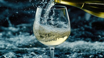 Pouring white wine into a crystal glass, splashes and effervescence.