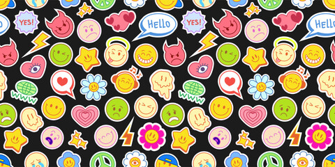 Naklejka na ściany i meble Smile stickers seamless pattern. Pop y2k emoji character. Fun and cool retro design. Repeated print. Cute emoticon patch. Cartoon funky texture background. Vintage smileys badge. Vector illustration