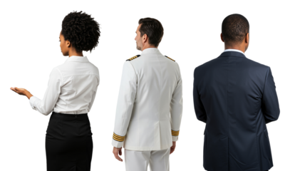 Diverse group of professionals from the back. African American woman presenting, a male captain in uniform, and a businessman in a suit.
