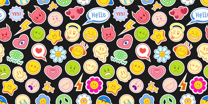 Naklejki Smile stickers seamless pattern. Pop y2k emoji character. Fun and cool retro design. Repeated print. Cute emoticon patch. Cartoon funky texture background. Vintage smileys badge. Vector illustration