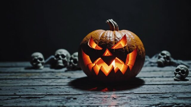 Anamorphic video halloween. Scary carved halloween pumpkin