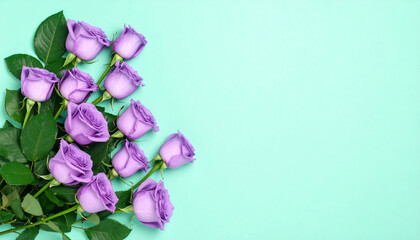 Fototapeta premium パステルミントに映える紫のバラの花束 − 爽やかで上品なミニマル背景素材薔薇 Fresh Purple Rose Bouquet on Pastel Mint – Refreshing and Elegant Minimal Background 