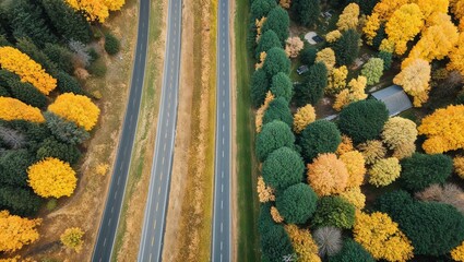 Aerial view of a dual highway surrounded by autumn trees.