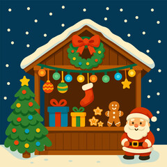 Festive Christmas Market Stall with Santa, Gifts, Christmas Tree, Gingerbread, Stockings, and Holiday Decorations for Winter Holidays and Celebrations.