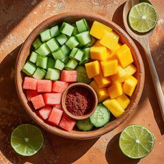 Frutas con chile authentic Mexican street snack featuring fresh diced fruits with spicy chile seasoning in rustic ceramic bowls