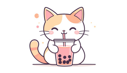 Cute cartoon cat happily drinking bubble tea, kawaii style illustration with boba cup and joyful expression, adorable character design