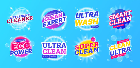 Laundry detergent logo. Ultra clean power soap. Cleanliness sparkle. Antibacterial cleaner. Suds bubble. Softener and cleanser. Toilet hygiene. Packaging brand. Vector product garish design labels set