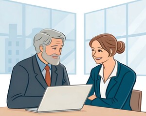 Cartoon Vector Illustration of Mature Mentor Man and European Woman Business Leader Collaborating at Laptop in Modern Office – Professional Project Discussion Scene

