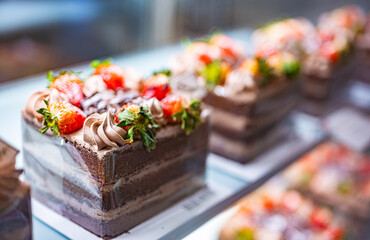 Cakes displayed in a confectionery store