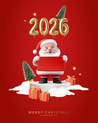 Christmas and New Year greeting card with gold balloons number 2026
