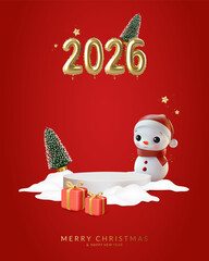 Christmas and New Year greeting card with gold balloons number 2026