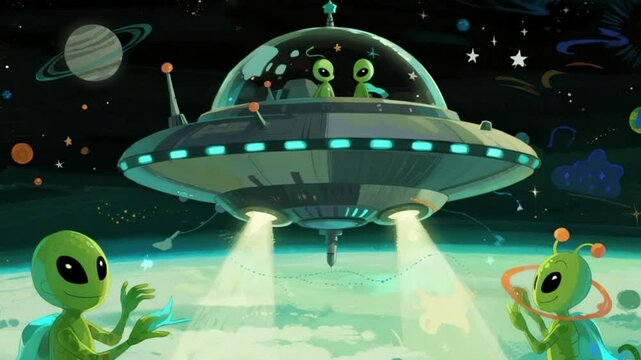 Animated cartoon featuring aliens in spaceship exploring earth and solar system 4K Ai HD video.

