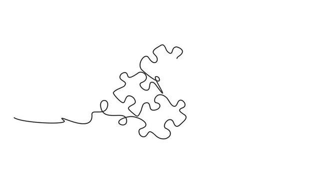 Animated self drawing of continuous line draw four piece jigsaw on a white background. Puzzle game symbol and iconic business metaphor for problem solving, solution. Full length one line animation. 4K