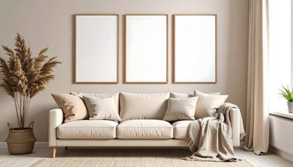 Soft Beige Gallery Setup Above Lounge with 3 framed pictures mockup. Blank Poster Framed Mockup