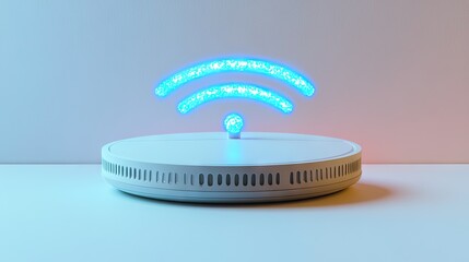 Illuminated wifi symbol on a pedestal, modern design.