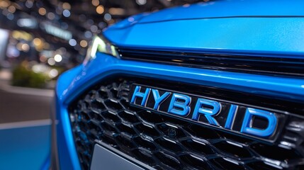 A front grille of an ecological hybrid car with the word Hybrid written on it