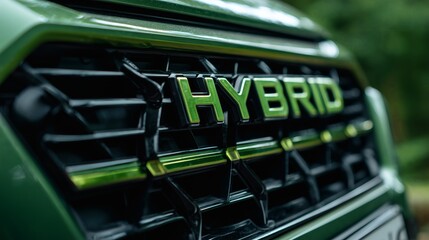 A front grille of an ecological hybrid car with the word Hybrid written on it