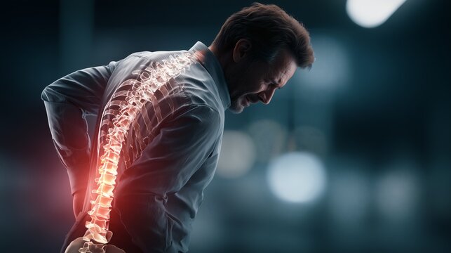 Illustration m&eacute;dicale de la colonne vert&eacute;brale en inflammation qui cause un mal de dos, des douleur dorsale et lombaire