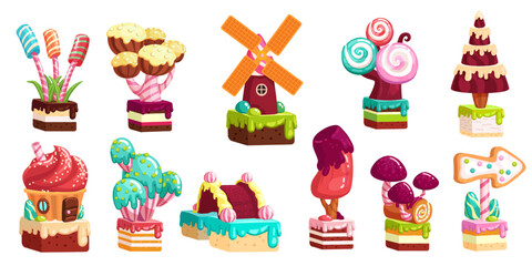 Candy land world. Sweet glaze hills. Chocolate trees. Dessert shapes. Colorful fantasy cake. Children cartoon landscape. Game scenery. Cute gingerbread homes. Vector confectionery game elements set