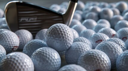 Golf practice session with club and balls indoor facility photography focused environment overhead view sports training