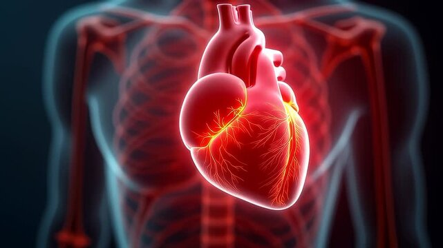 Detailed human heart pumping blood through arteries and veins in a medical illustration
