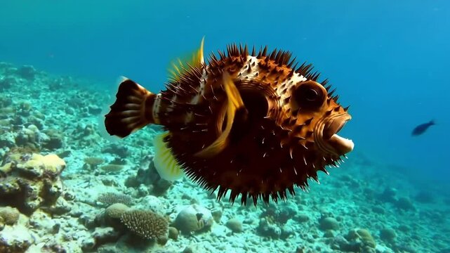 Close up of inflated puffer fish (as known as blow fish or balloon fish) floating in clear water deep in the ocean,macro, Great Barrier Reef, Australia.
