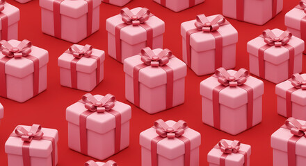 Obraz premium Pink gift boxes with red ribbons create a festive backdrop perfect for holiday celebrations or special occasions.