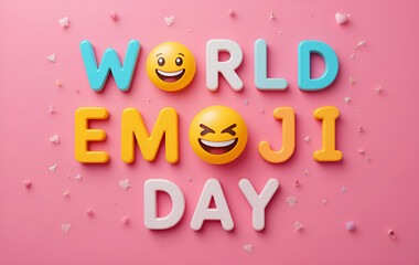 A colorful world emoji day display with emojis and letters on a pink background with confetti