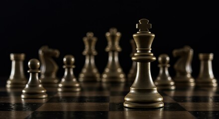 Bronze Chess Pieces on Dark Background in Strategic Formation