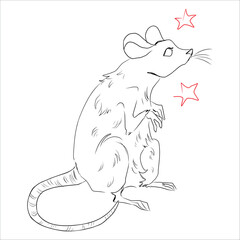 Mouse. Black and white hand drawn vector illustration. Line art. In sitting pose. Tattoo design. Print for sketchbooks, clothes, pins, stickers, cups.