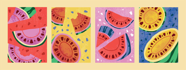Summer watermelon poster. Fruit card design with juicy red slices, abstract background. Decorative tropical banner, bright holiday food art. Yellow and red natural organic dessert. Vector doodle set