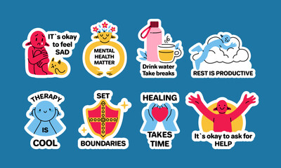 Mental health sticker. Awareness therapy. Psychology healing. Help and support. Self-care icons. Motivational label design. Positive mind wellness. Social media signs. Vector positive messages set