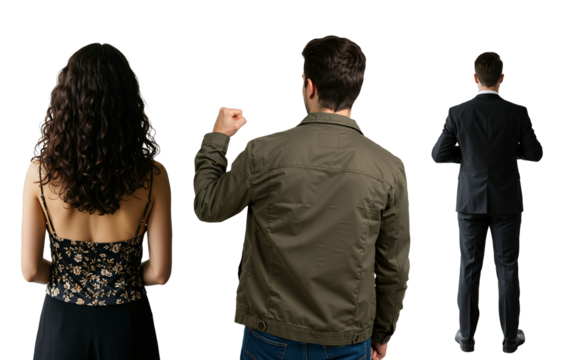 Back view of three people, a woman and two men, standing against a transparent background. One man raises his fist in a gesture of protest or victory. - Powered by Adobe